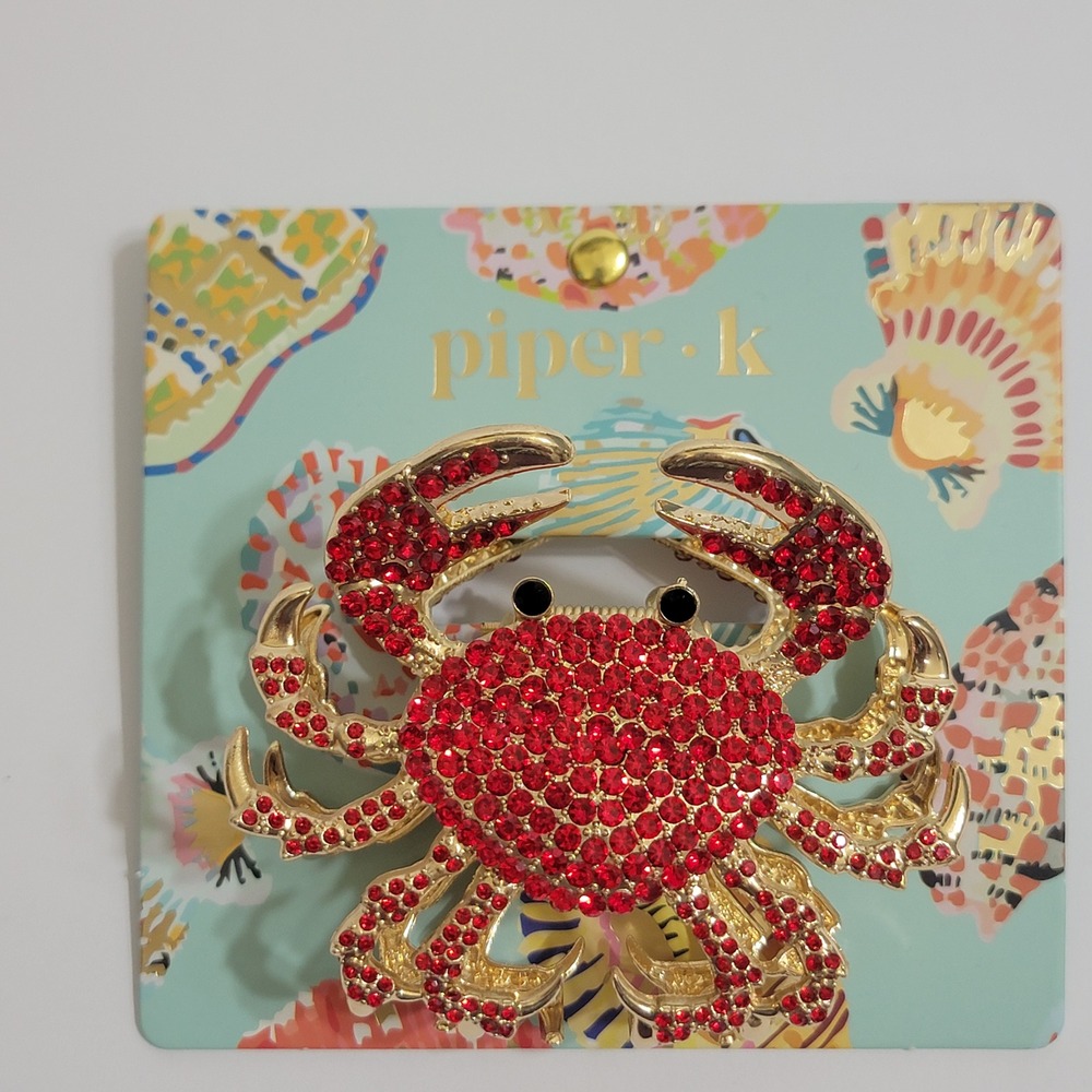 Piper K Red Rhinestone Crab Hair Claw Clip Gold‎ Tone Coastal Nautical Sea Life